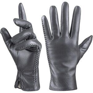 Women's Genuine Sheepskin Leather Gloves Winter Warm  Driving Dress Gloves Grey